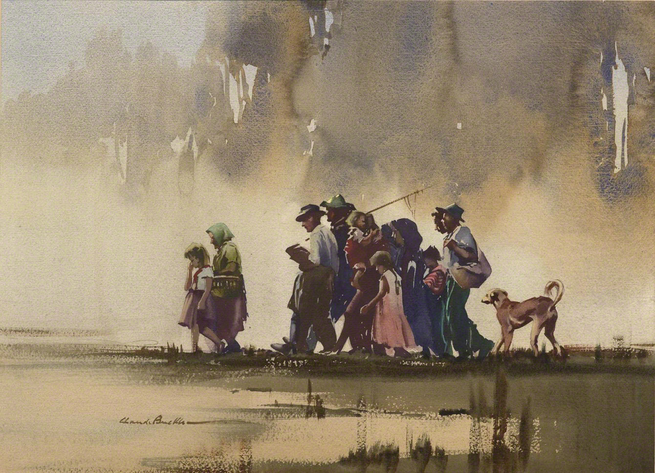 A water colour painting showing a group of weary refugees with children